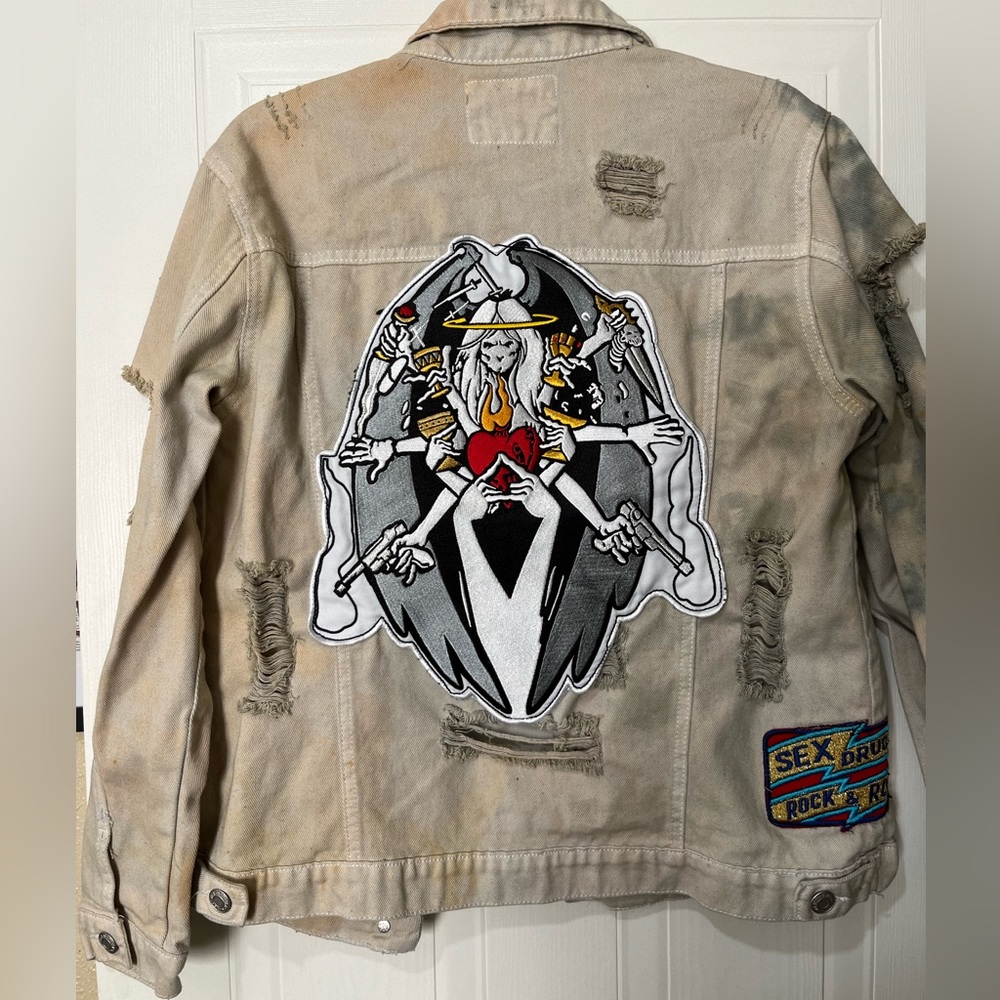 Custom made Distressed Beige Denim jacket. Medium